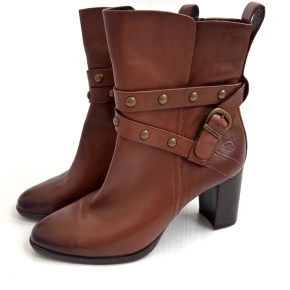 Born Emma blocked stacked heel Chestnut Leather Heeled Boots - Picture 1 of 13